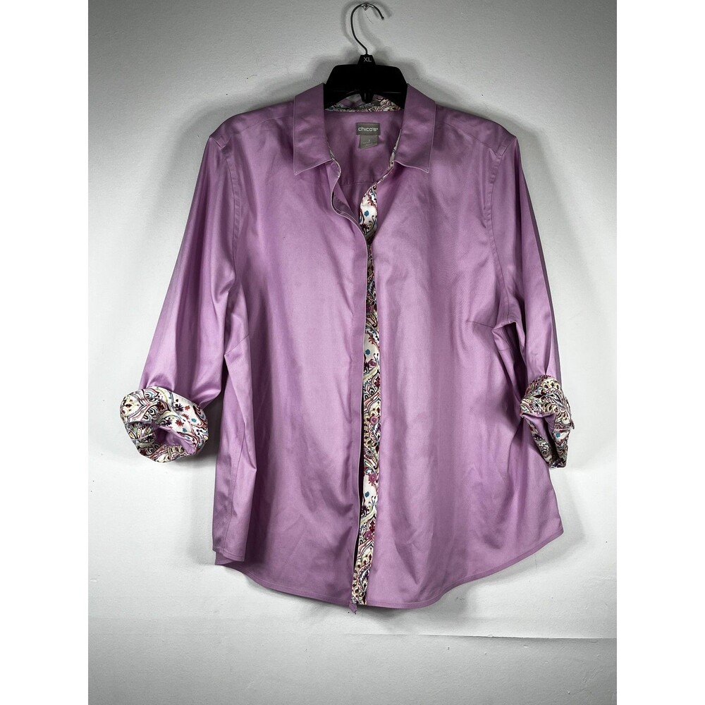 Chico's Shirt Womens 3 XL Purple Paisley Trim Button Up Long Sleeve Top